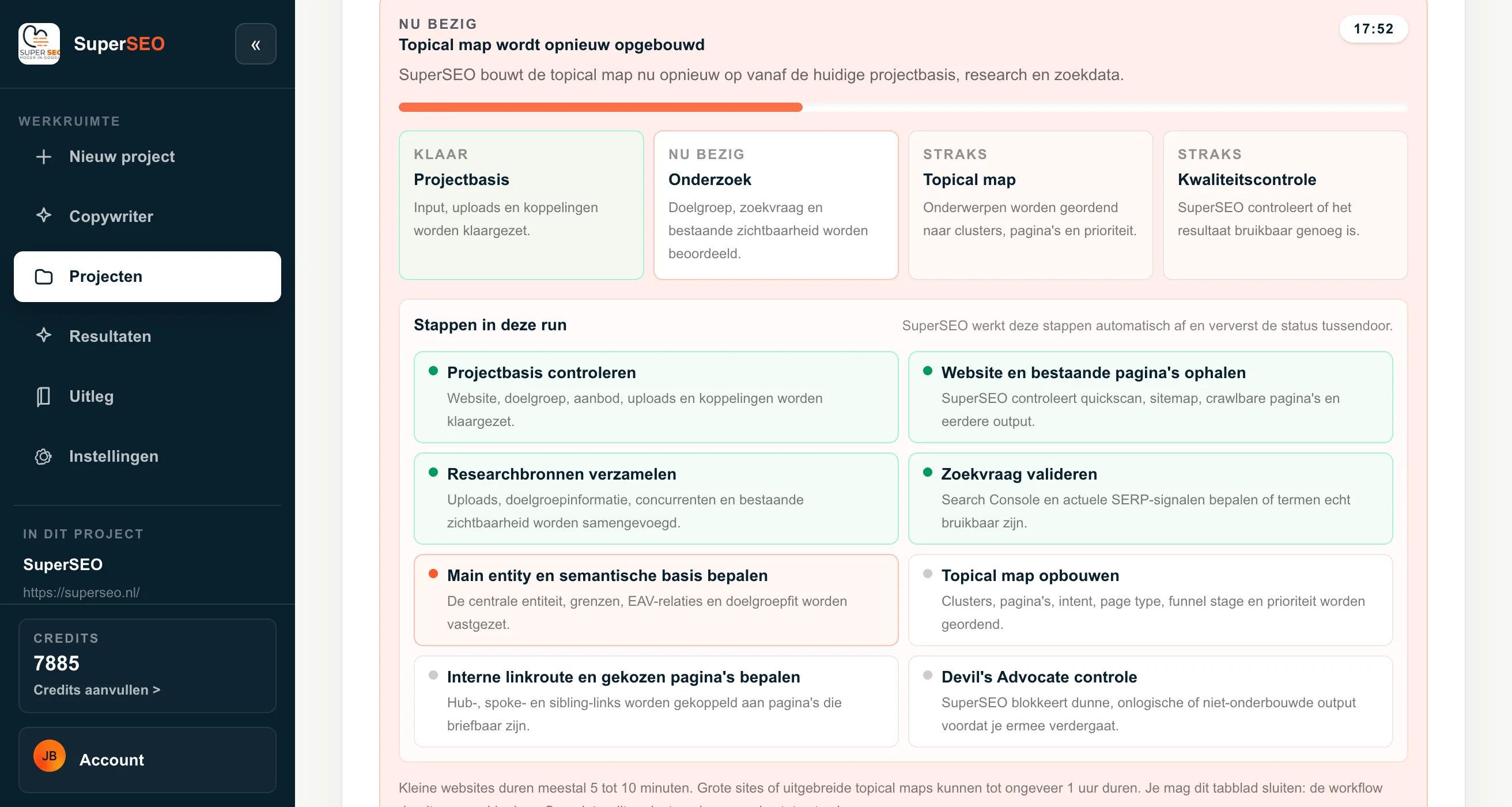 SuperSEO OS workflow voor topical map opbouwen met voortgang, stappen en kwaliteitscontrole